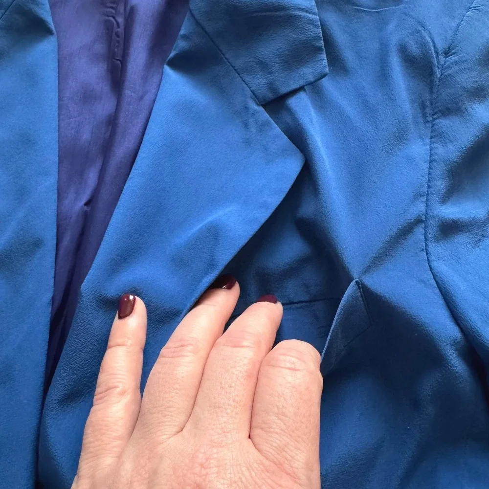 Hugo Buscati Milano Vintage Royal Blue 100% Silk Blazer Wrap Skirt Suit Set 2 4